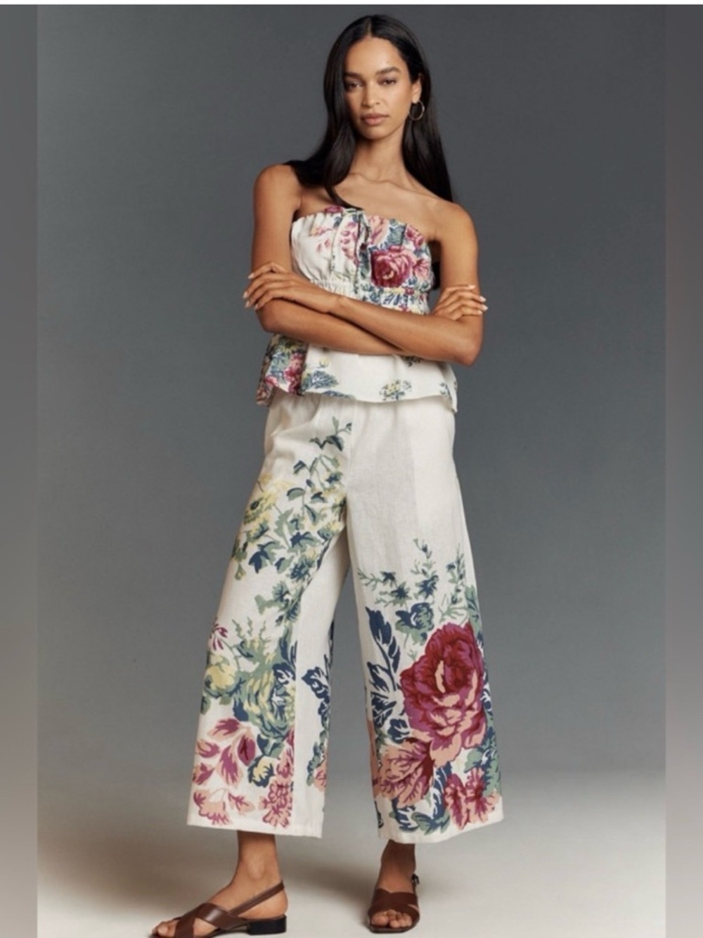 Floral Wide-Leg Linen Jumpsuit Pants - White with Floral * Anthropologie *